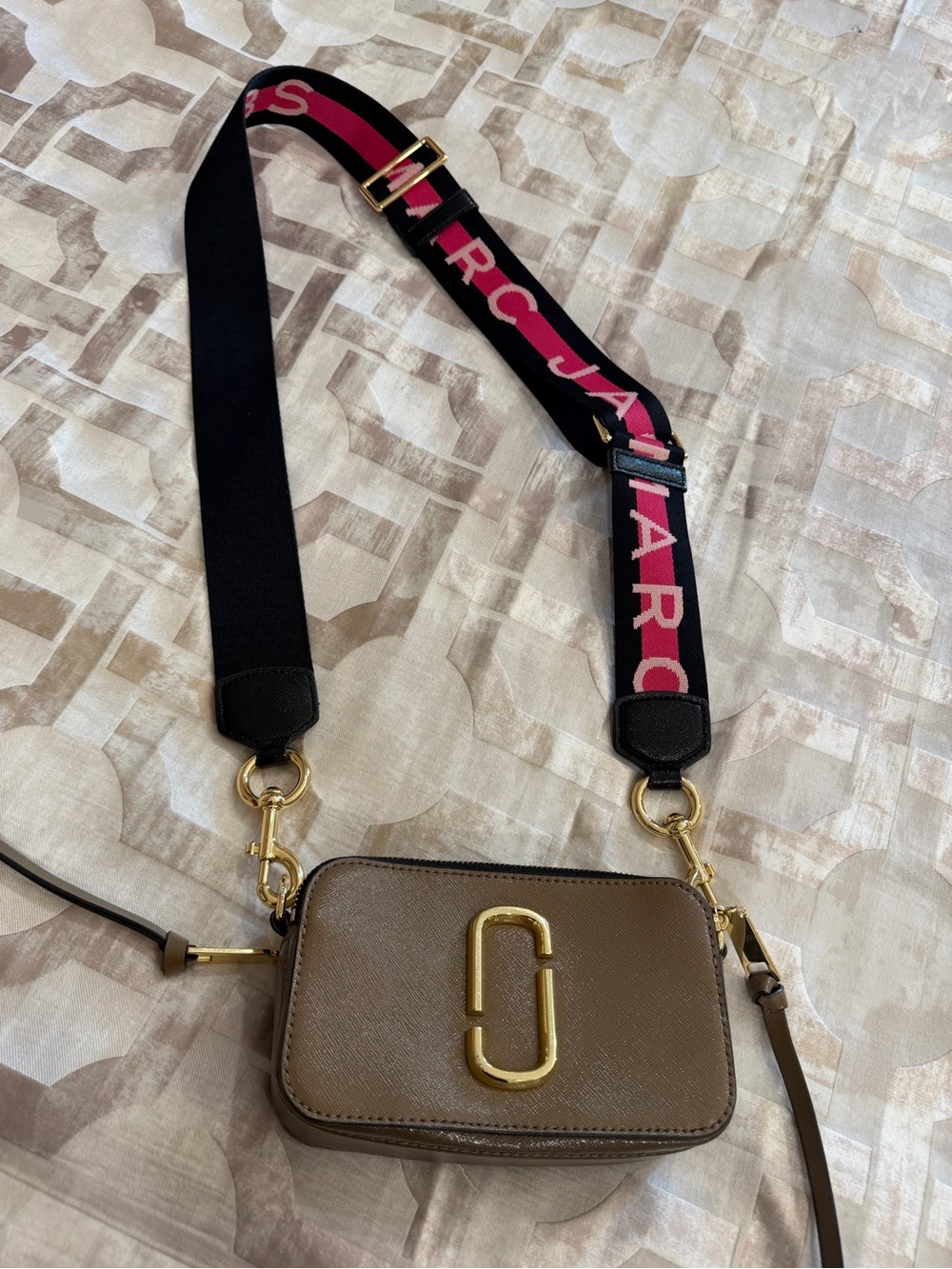 Marc Jacobs Taupe Crossbody Camera Bag with Black and Pink Logo Strap
